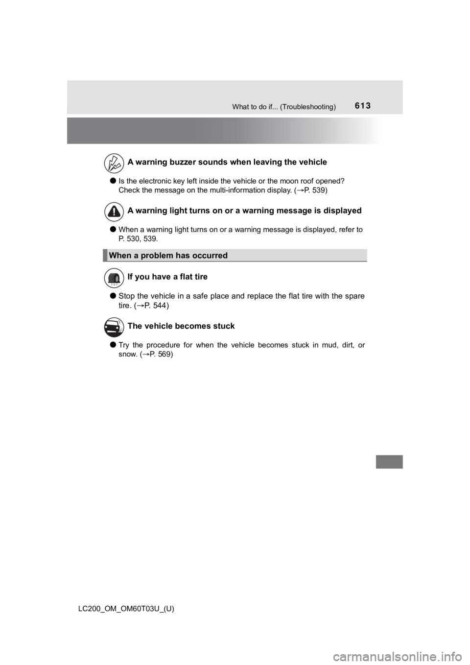 TOYOTA LAND CRUISER 2021 Owners Manual (in English) 613What to do if... (Troubleshooting)
LC200_OM_OM60T03U_(U)
●Is the electronic key left inside the vehicle or the moon roof opened?
Check the message on the multi-information display. ( P. 539)
TOYOTA LAND CRUISER 2021 Owners Manual (in English) 613What to do if... (Troubleshooting)
LC200_OM_OM60T03U_(U)
●Is the electronic key left inside the vehicle or the moon roof opened?
Check the message on the multi-information display. ( P. 539)