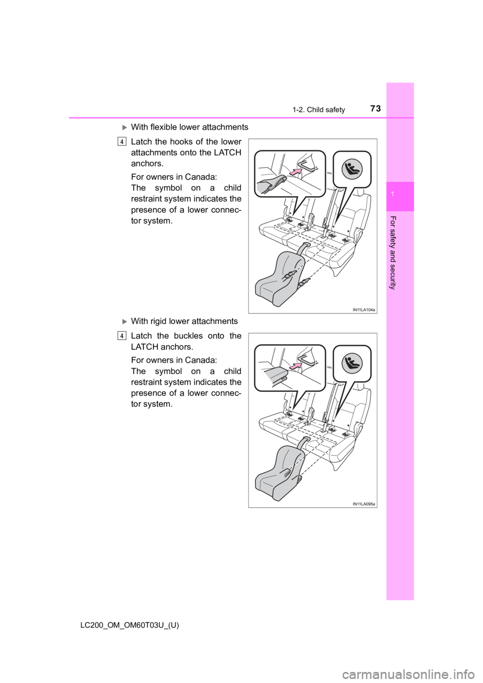 TOYOTA LAND CRUISER 2021 (in English) Manual PDF 731-2. Child safety
LC200_OM_OM60T03U_(U)
1
For safety and security
With flexible lower attachments
Latch the hooks of the lower
attachments onto the LATCH
anchors.
For owners in Canada:
The TOYOTA LAND CRUISER 2021 (in English) Manual PDF 731-2. Child safety
LC200_OM_OM60T03U_(U)
1
For safety and security
With flexible lower attachments
Latch the hooks of the lower
attachments onto the LATCH
anchors.
For owners in Canada:
The