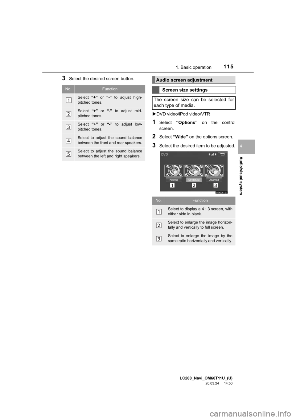 TOYOTA LAND CRUISER 2021  Accessories, Audio & Navigation (in English) LC200_Navi_OM60T11U_(U)
20.03.24     14:50
Audio/visual system
4
1151. Basic operation
3Select the desired screen button.DVD video/iPod video/VTR
1Select  “Options”  on  the  control
screen.
2S