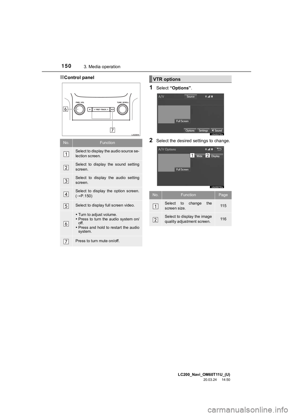 TOYOTA LAND CRUISER 2021 Accessories, Audio & Navigation (in English) LC200_Navi_OM60T11U_(U)
20.03.24 14:50
1503. Media operation
■Control panel
1Select “Options” .
2Select the desired settings to change.No.Function
Select to display the audio source se-
lect TOYOTA LAND CRUISER 2021 Accessories, Audio & Navigation (in English) LC200_Navi_OM60T11U_(U)
20.03.24 14:50
1503. Media operation
■Control panel
1Select “Options” .
2Select the desired settings to change.No.Function
Select to display the audio source se-
lect