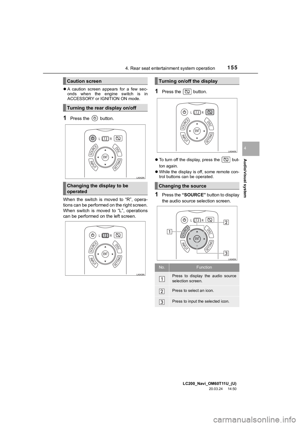 TOYOTA LAND CRUISER 2021 Accessories, Audio & Navigation (in English) LC200_Navi_OM60T11U_(U)
20.03.24 14:50
Audio/visual system
4
1554. Rear seat entertainment system operation
A caution screen appears for a few sec-
onds when the engine switch is i TOYOTA LAND CRUISER 2021 Accessories, Audio & Navigation (in English) LC200_Navi_OM60T11U_(U)
20.03.24 14:50
Audio/visual system
4
1554. Rear seat entertainment system operation
A caution screen appears for a few sec-
onds when the engine switch is i