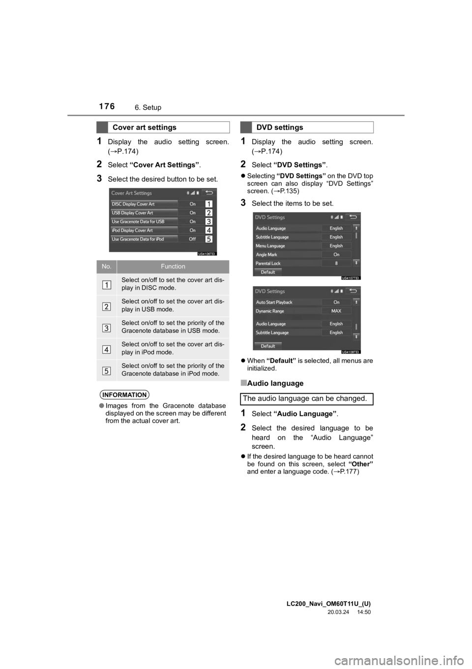 TOYOTA LAND CRUISER 2021  Accessories, Audio & Navigation (in English) LC200_Navi_OM60T11U_(U)
20.03.24     14:50
1766. Setup
1Display  the  audio  setting  screen.
(P.174)
2Select “Cover Art Settings” .
3Select the desired button to be set.
1Display  the  audio  