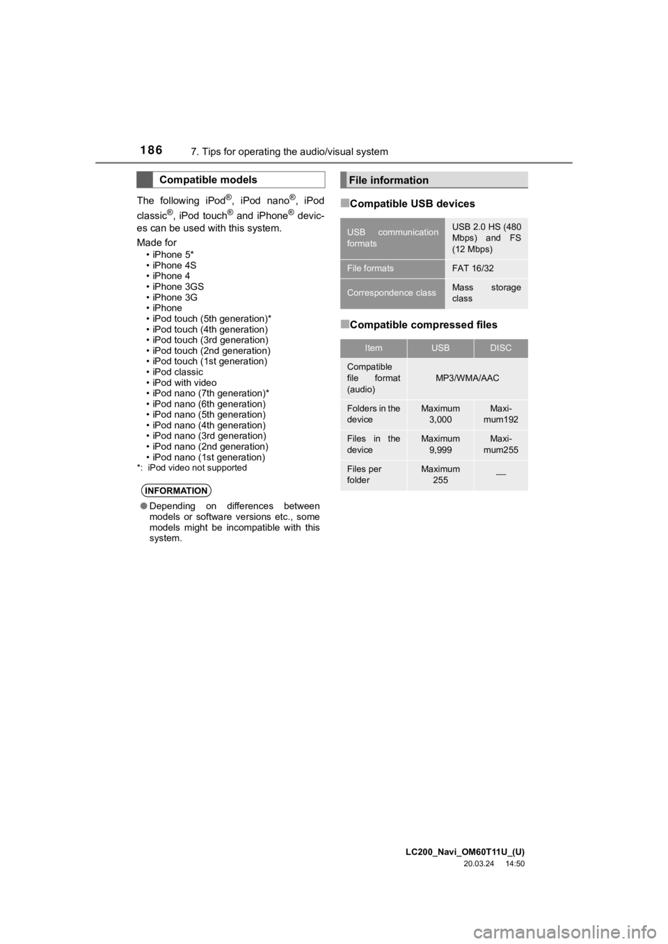 TOYOTA LAND CRUISER 2021  Accessories, Audio & Navigation (in English) LC200_Navi_OM60T11U_(U)
20.03.24     14:50
1867. Tips for operating the audio/visual system
The  following  iPod
®,  iPod  nano®,  iPod
classic®,  iPod  touch®  and  iPhone®  devic-
es can be use