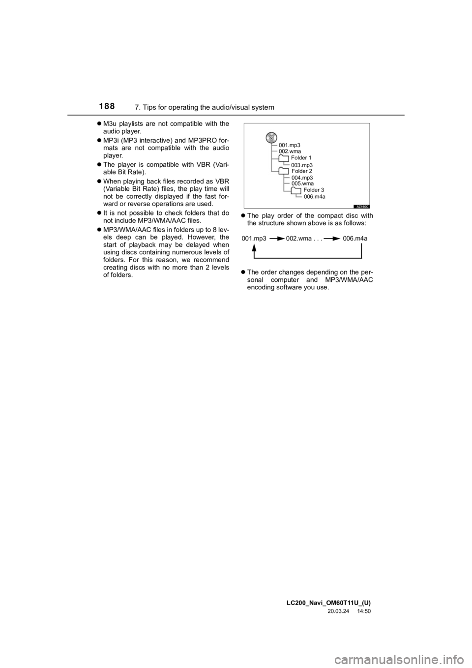 TOYOTA LAND CRUISER 2021  Accessories, Audio & Navigation (in English) LC200_Navi_OM60T11U_(U)
20.03.24     14:50
1887. Tips for operating the audio/visual system
M3u  playlists  are  not  compatible  with  the
audio player.
 MP3i  (MP3  interactive)  and  MP3PRO  
