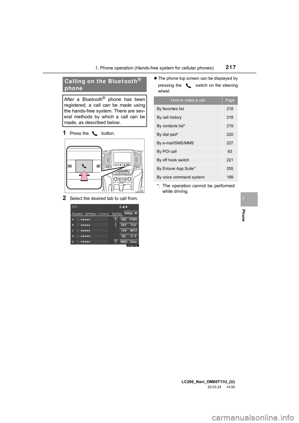 TOYOTA LAND CRUISER 2021  Accessories, Audio & Navigation (in English) LC200_Navi_OM60T11U_(U)
20.03.24     14:50
2171. Phone operation (Hands-free system for cellular phones)
Phone
7
1Press the   button.
2Select the desired tab to call from.
The phone top screen can 