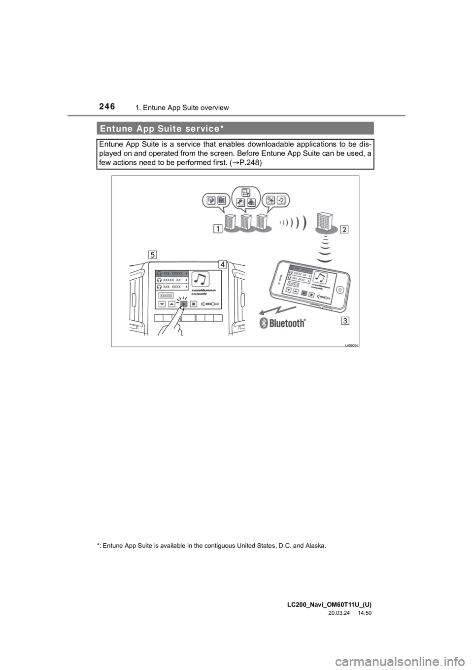 TOYOTA LAND CRUISER 2021 Accessories, Audio & Navigation (in English) LC200_Navi_OM60T11U_(U)
20.03.24 14:50
2461. Entune App Suite overview
Entune App Suite service*
Entune App Suite is a service that enables downloadable applications to be dis-
played TOYOTA LAND CRUISER 2021 Accessories, Audio & Navigation (in English) LC200_Navi_OM60T11U_(U)
20.03.24 14:50
2461. Entune App Suite overview
Entune App Suite service*
Entune App Suite is a service that enables downloadable applications to be dis-
played