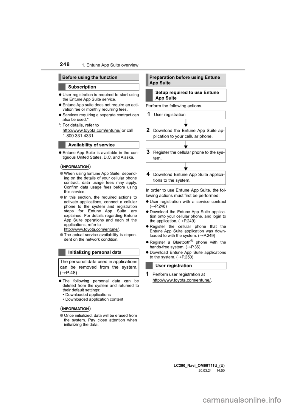 TOYOTA LAND CRUISER 2021 Accessories, Audio & Navigation (in English) LC200_Navi_OM60T11U_(U)
20.03.24 14:50
2481. Entune App Suite overview
User registration is required to start using
the Entune App Suite service.
Entune App suite does not require an TOYOTA LAND CRUISER 2021 Accessories, Audio & Navigation (in English) LC200_Navi_OM60T11U_(U)
20.03.24 14:50
2481. Entune App Suite overview
User registration is required to start using
the Entune App Suite service.
Entune App suite does not require an