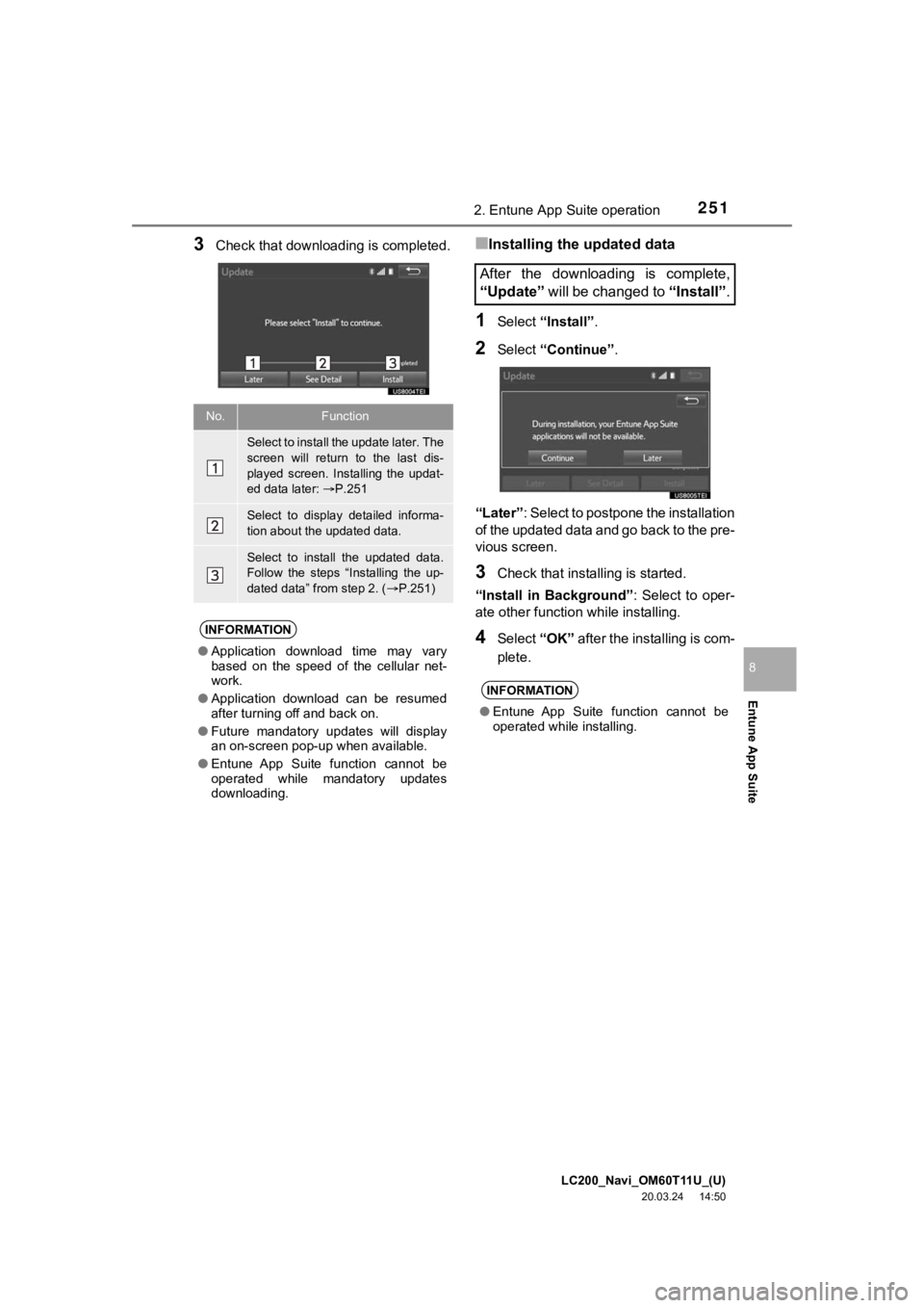TOYOTA LAND CRUISER 2021 Accessories, Audio & Navigation (in English) LC200_Navi_OM60T11U_(U)
20.03.24 14:50
2512. Entune App Suite operation
Entune App Suite
8
3Check that downloading is completed.■Installing the updated data
1Select “Install” .
2Select “Co TOYOTA LAND CRUISER 2021 Accessories, Audio & Navigation (in English) LC200_Navi_OM60T11U_(U)
20.03.24 14:50
2512. Entune App Suite operation
Entune App Suite
8
3Check that downloading is completed.■Installing the updated data
1Select “Install” .
2Select “Co