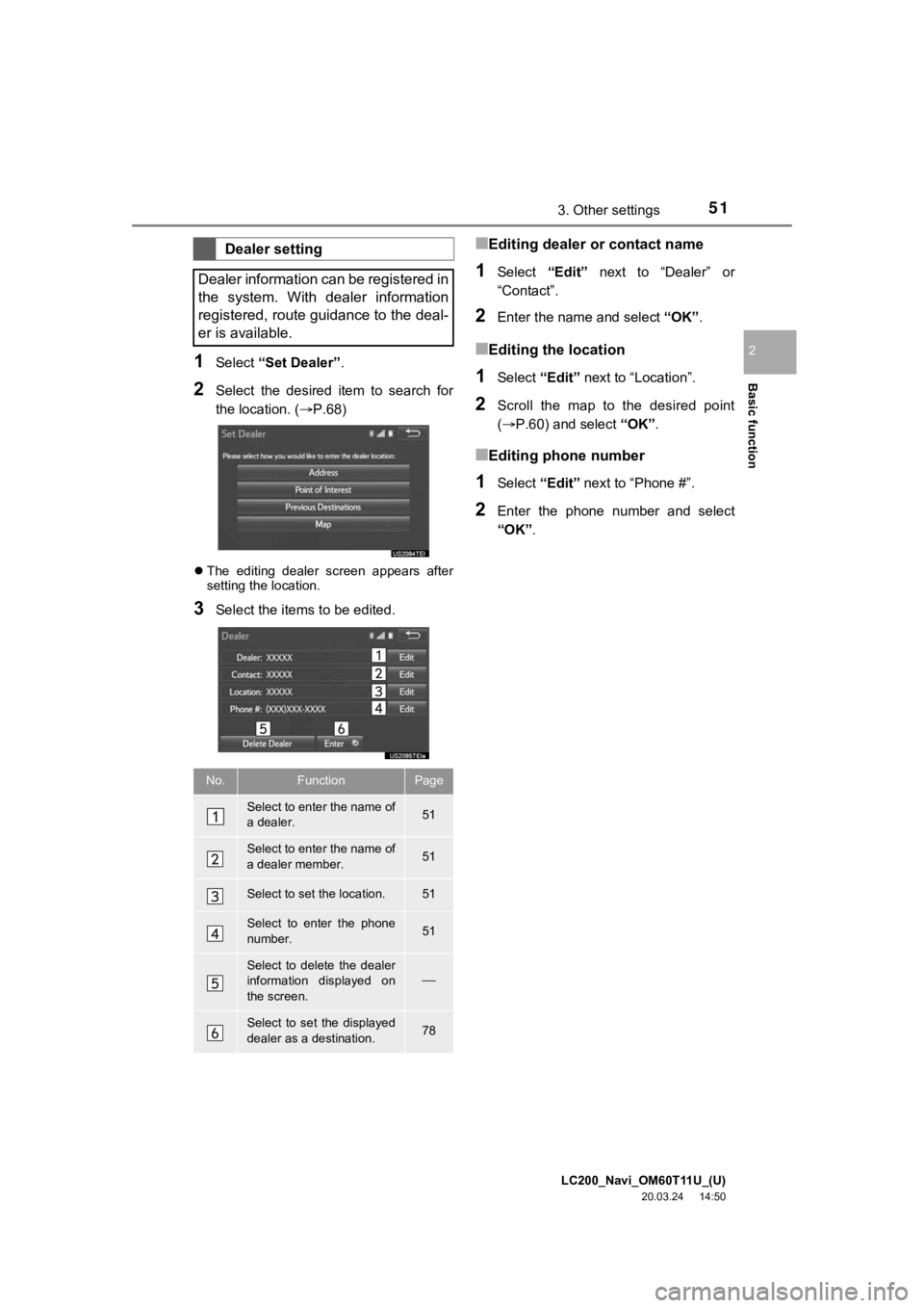 TOYOTA LAND CRUISER 2021 Accessories, Audio & Navigation (in English) LC200_Navi_OM60T11U_(U)
20.03.24 14:50
Basic function
2
513. Other settings
1Select “Set Dealer” .
2Select the desired item to search for
the location. (P.68)
The editing dealer TOYOTA LAND CRUISER 2021 Accessories, Audio & Navigation (in English) LC200_Navi_OM60T11U_(U)
20.03.24 14:50
Basic function
2
513. Other settings
1Select “Set Dealer” .
2Select the desired item to search for
the location. (P.68)
The editing dealer