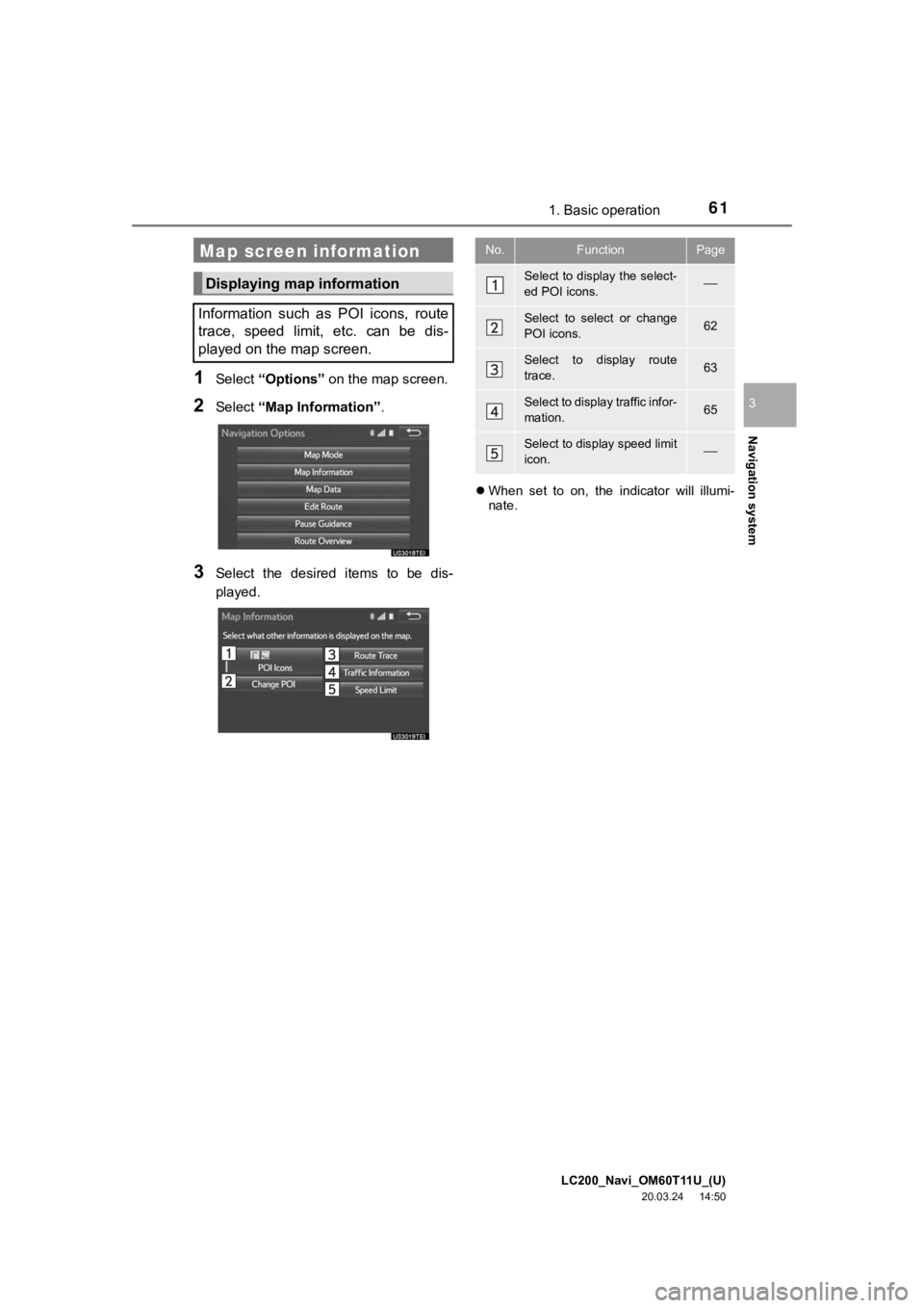 TOYOTA LAND CRUISER 2021 Accessories, Audio & Navigation (in English) LC200_Navi_OM60T11U_(U)
20.03.24 14:50
Navigation system
3
611. Basic operation
1Select “Options” on the map screen.
2Select “Map Information” .
3Select the desired items to be dis-
TOYOTA LAND CRUISER 2021 Accessories, Audio & Navigation (in English) LC200_Navi_OM60T11U_(U)
20.03.24 14:50
Navigation system
3
611. Basic operation
1Select “Options” on the map screen.
2Select “Map Information” .
3Select the desired items to be dis-