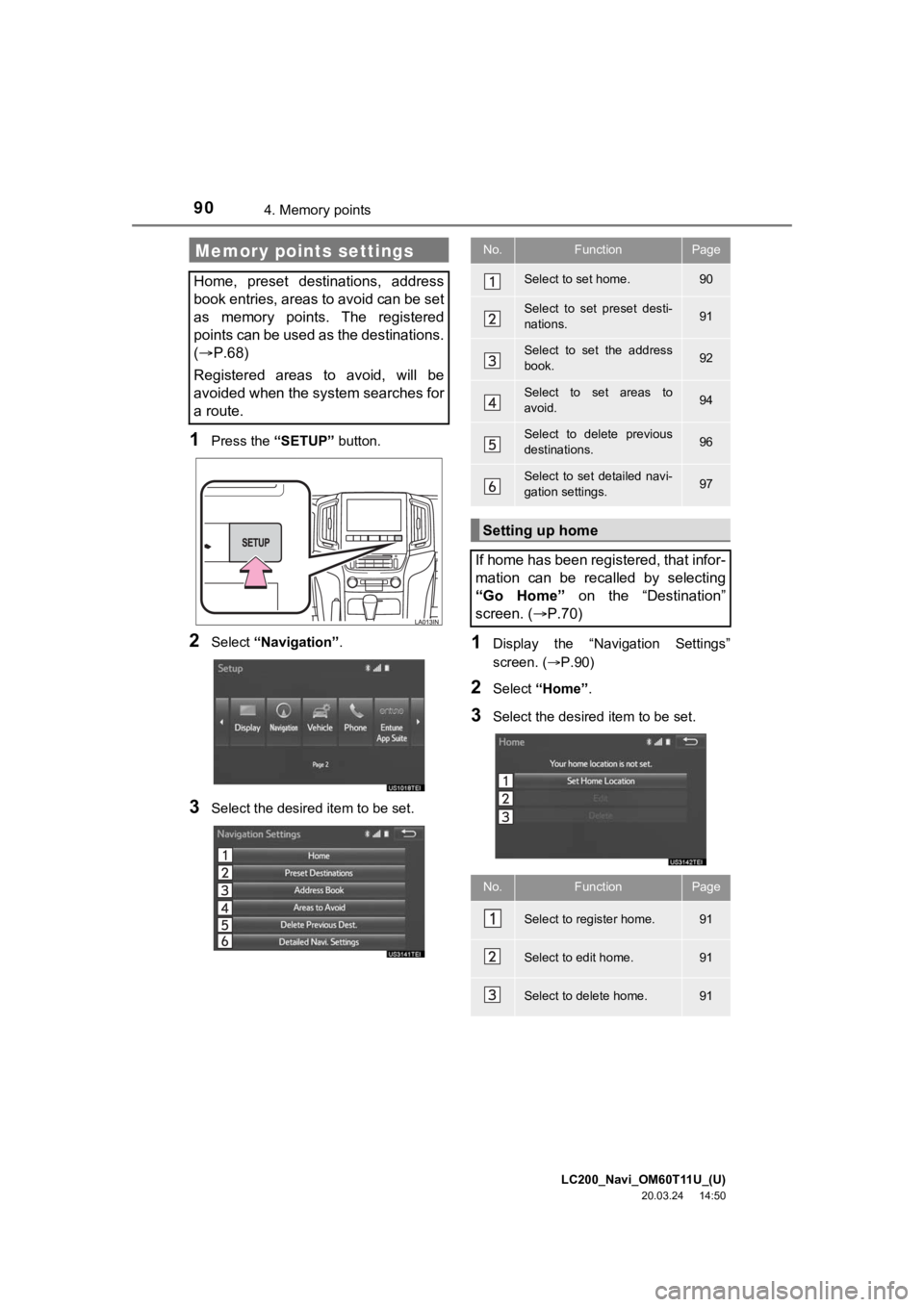 TOYOTA LAND CRUISER 2021  Accessories, Audio & Navigation (in English) LC200_Navi_OM60T11U_(U)
20.03.24     14:50
904. Memory points
1Press the “SETUP” button.
2Select “Navigation” .
3Select the desired item to be set.
1Display  the  “Navigation  Settings”
sc