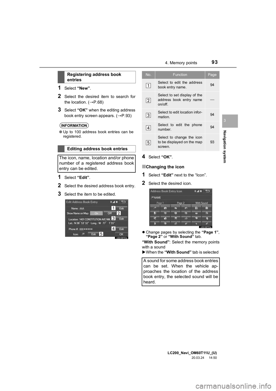 TOYOTA LAND CRUISER 2021 Accessories, Audio & Navigation (in English) LC200_Navi_OM60T11U_(U)
20.03.24 14:50
Navigation system
3
934. Memory points
1Select “New”.
2Select the desired item to search for
the location. (P.68)
3Select “OK” when the edi TOYOTA LAND CRUISER 2021 Accessories, Audio & Navigation (in English) LC200_Navi_OM60T11U_(U)
20.03.24 14:50
Navigation system
3
934. Memory points
1Select “New”.
2Select the desired item to search for
the location. (P.68)
3Select “OK” when the edi