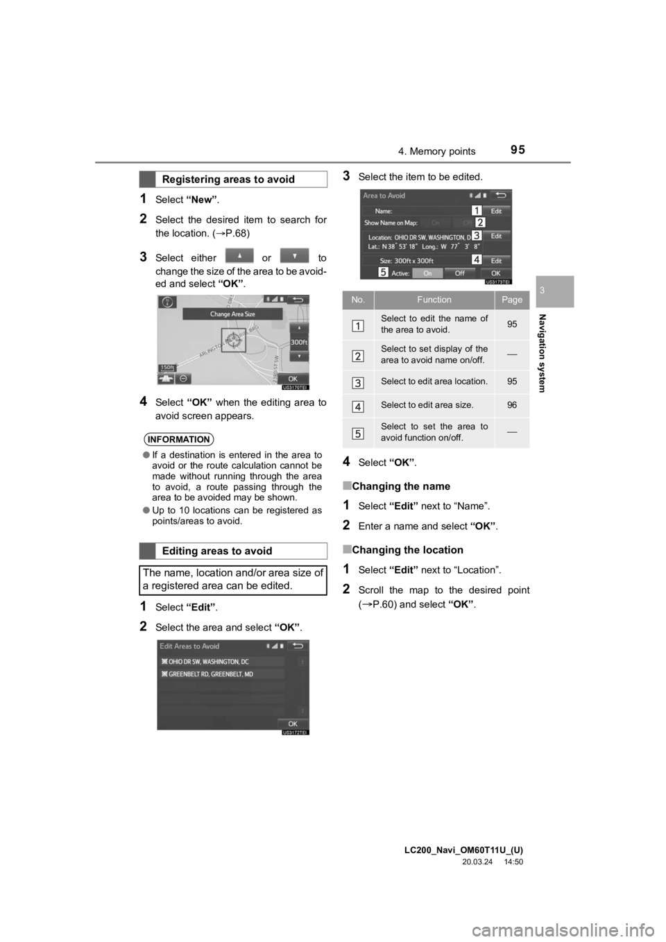 TOYOTA LAND CRUISER 2021 Accessories, Audio & Navigation (in English) LC200_Navi_OM60T11U_(U)
20.03.24 14:50
Navigation system
3
954. Memory points
1Select “New”.
2Select the desired item to search for
the location. (P.68)
3Select either or to
ch TOYOTA LAND CRUISER 2021 Accessories, Audio & Navigation (in English) LC200_Navi_OM60T11U_(U)
20.03.24 14:50
Navigation system
3
954. Memory points
1Select “New”.
2Select the desired item to search for
the location. (P.68)
3Select either or to
ch