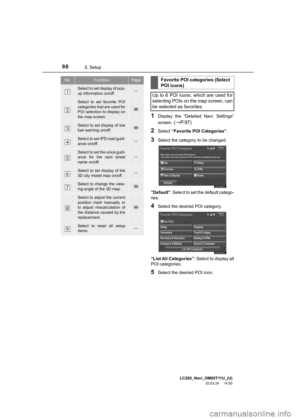TOYOTA LAND CRUISER 2021 Accessories, Audio & Navigation (in English) LC200_Navi_OM60T11U_(U)
20.03.24 14:50
985. Setup
1Display the “Detailed Navi. Settings”
screen.
( P.97)
2Select “Favorite POI Categories” .
3Select the category to be changed.
TOYOTA LAND CRUISER 2021 Accessories, Audio & Navigation (in English) LC200_Navi_OM60T11U_(U)
20.03.24 14:50
985. Setup
1Display the “Detailed Navi. Settings”
screen.
( P.97)
2Select “Favorite POI Categories” .
3Select the category to be changed.