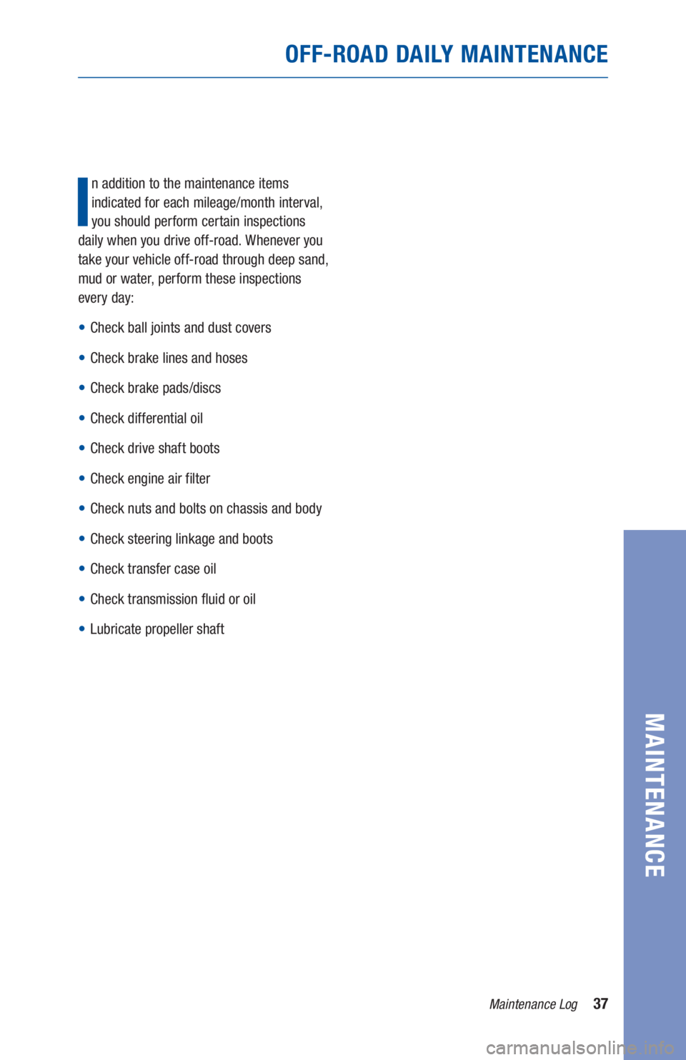 TOYOTA LAND CRUISER 2021  Warranties & Maintenance Guides (in English) 37Maintenance Log
MAINTENANCE
I
n addition to the maintenance items 
indicated for each mileage/month interval, 
you should perform certain inspections 
daily when you drive off-road. Whenever you 
ta