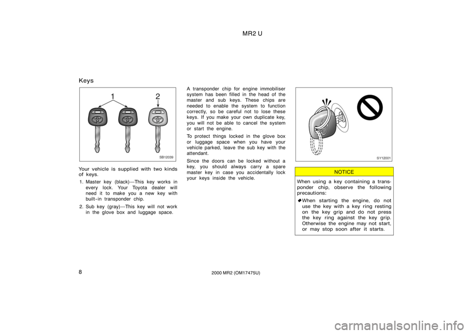 TOYOTA MR2 SPYDER 2000   (in English) User Guide MR2 U
82000 MR2 (OM17475U)
Keys
SB12039
Your vehicle is supplied with two kinds
of keys.1. Master key (black)This key works in every lock. Your Toyota dealer will
need it to make you a new key with
b