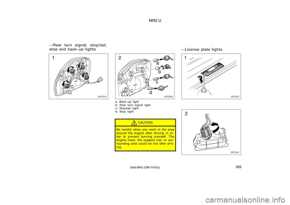 TOYOTA MR2 SPYDER 2000  Owners Manual (in English) MR2 U
2052000 MR2 (OM17475U)
SB73019SB73065
a: Back−up light
b: Rear turn signal light 
c: Stop/tail light
d: Stop light
CAUTION
Be careful when you work in the area
around the engine after driving 