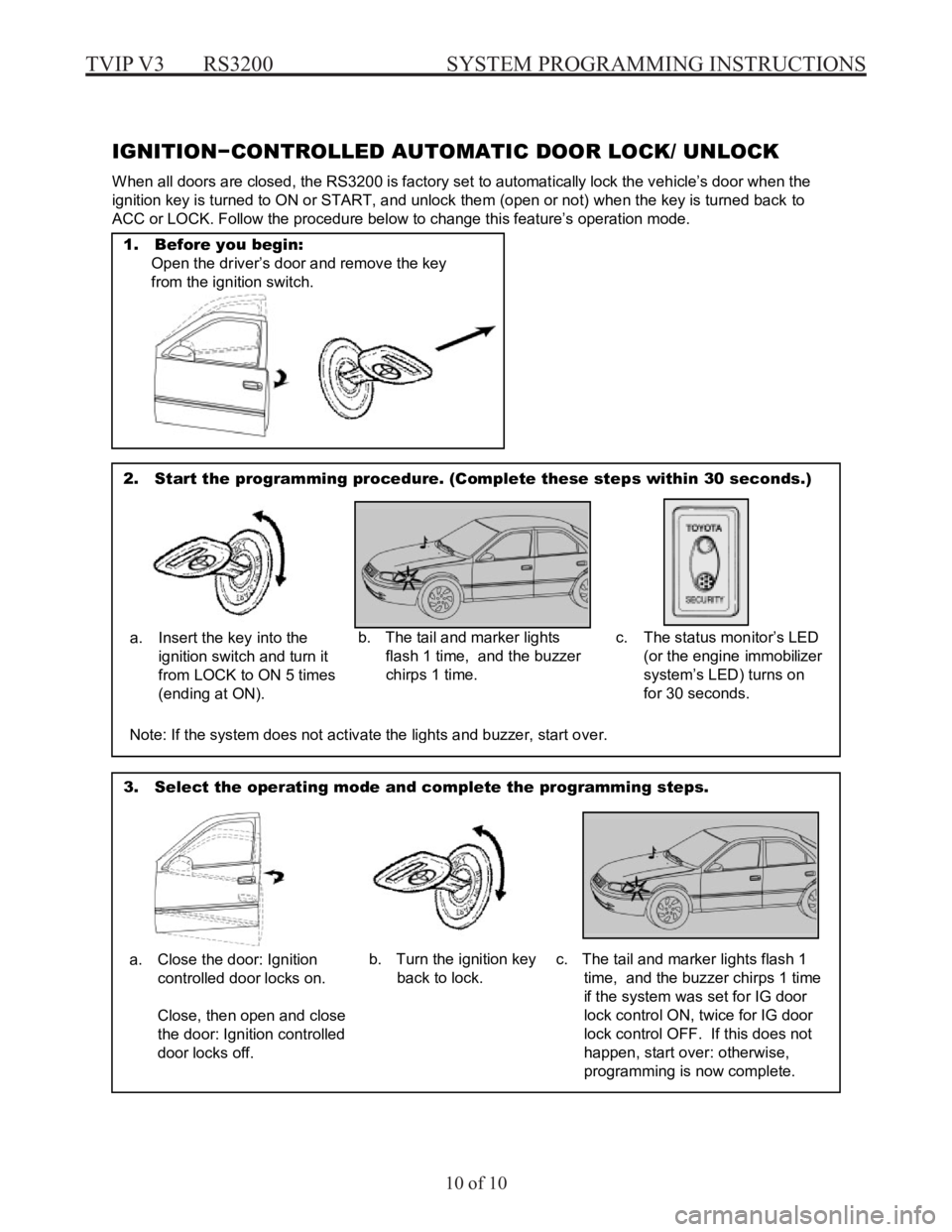 TOYOTA MR2 SPYDER 2000  Accessories, Audio & Navigation (in English) TVIP V3  RS3200  SYSTEM PROGRAMMING INSTRUCTIONS
10 of 10
Page 10  TOYOTA TVIP S YSTEM  PROGRAMMING −RS3200 
 
IGNITI ON−CON TROLLED AU TOMA TIC  DOOR LOCK/ UNLO CK 
W hen al l doors are c losed, 