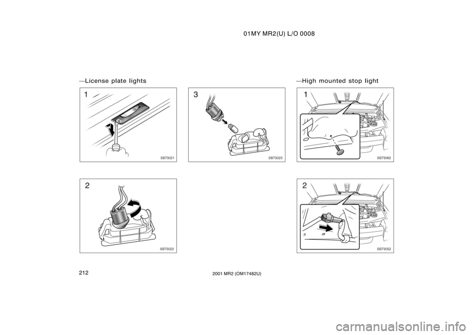 TOYOTA MR2 SPYDER 2001  Owners Manual (in English) 01MY MR2(U) L/O 0008
2122001 MR2 (OM17482U)
License plate lights
SB73021
SB73022
SB73023
High mounted stop light
SB73062
SB73052 