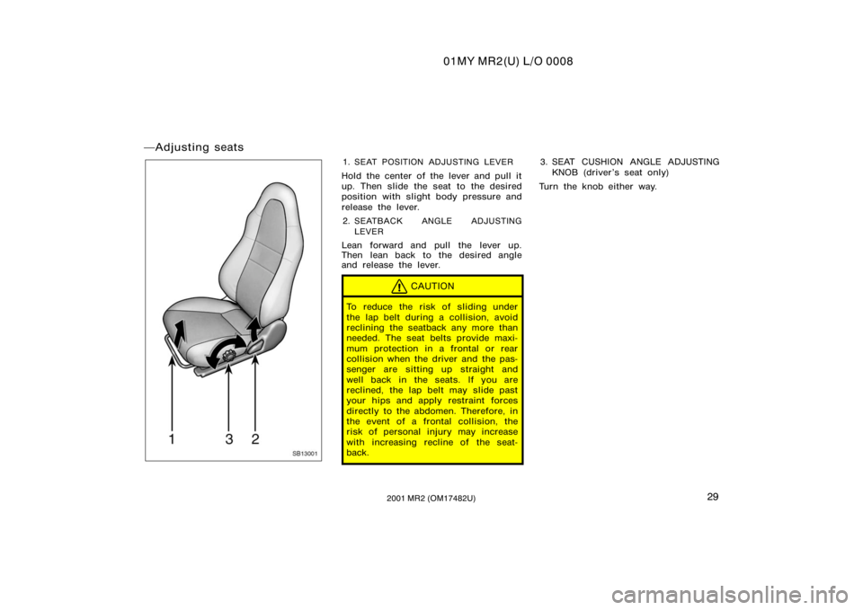 TOYOTA MR2 SPYDER 2001   (in English) Owners Guide 01MY MR2(U) L/O 0008
292001 MR2 (OM17482U)
Adjusting seats
SB13001
1.SEAT POSITION ADJUSTING LEVER
Hold the center of the lever and pull it
up. Then slide the seat to the desired
position with slight