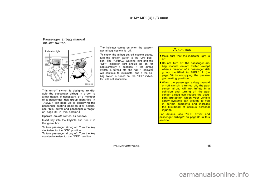 TOYOTA MR2 SPYDER 2001   (in English) Workshop Manual 01MY MR2(U) L/O 0008
452001 MR2 (OM17482U)
SB13106
Indicator light
This on−off switch is designed to dis-
able the passenger airbag in order to
allow usage, if necessary, of a member
of a passenger 