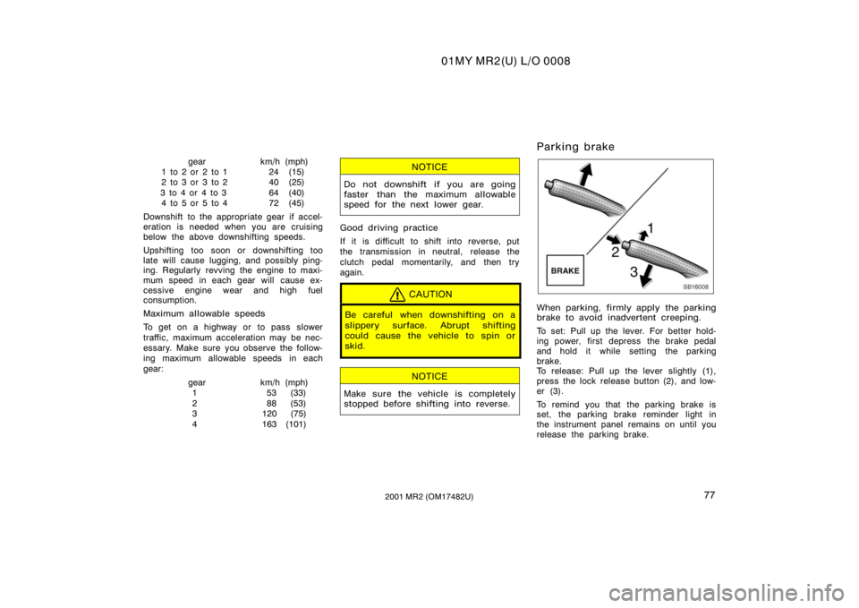 TOYOTA MR2 SPYDER 2001   (in English) Manual Online 01MY MR2(U) L/O 0008
772001 MR2 (OM17482U)
gearkm/h(mph)
1 to 2 or 2 to 1 24(15)
2 to 3 or 3 to 2 40(25)
3 to 4 or 4 to 3 64(40) 4 to 5 or 5 to 4 72(45)
Downshift to the appropriate gear