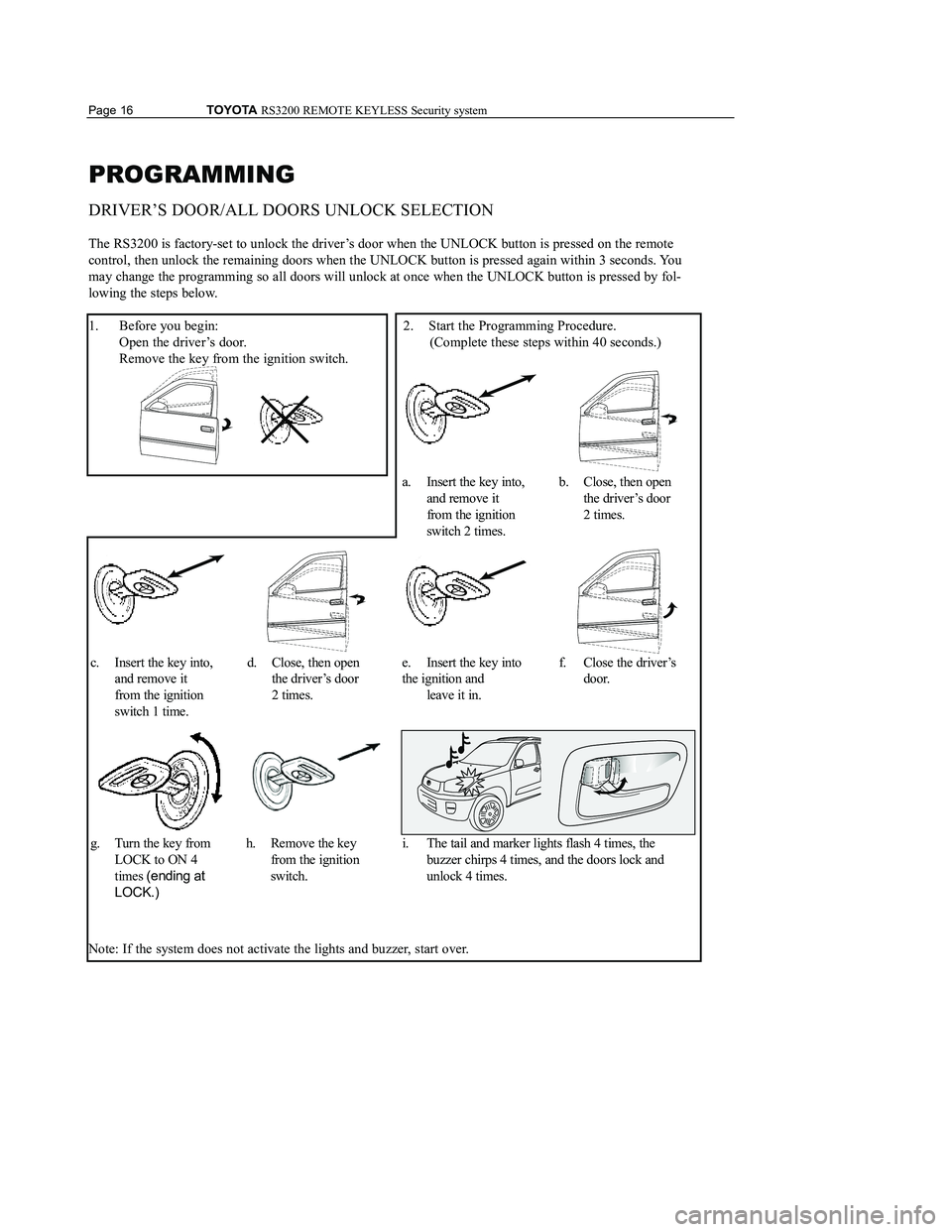 TOYOTA MR2 SPYDER 2001  Accessories, Audio & Navigation (in English) 
PROGRAMMING
DRIVER’S DOOR/ALL DOORS UNLOCK SELECTION
The RS3200 is factory-set to unlock the driver’s door when the UNLOCK button is pressed on the remote 
control, then unlock the remaining door