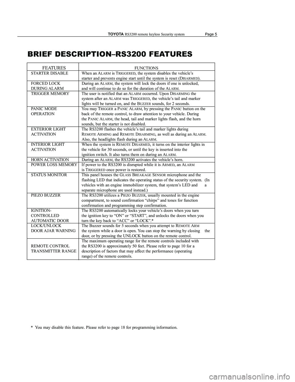 TOYOTA MR2 SPYDER 2001  Accessories, Audio & Navigation (in English) 
TOYOTARS3200 remote keyless Security system                  Page 5
FEATURESFUNCTIONS
When an A
LARMis TRIGGERED, the system disables the vehicle’s 
starter and prevents engine start until the syst