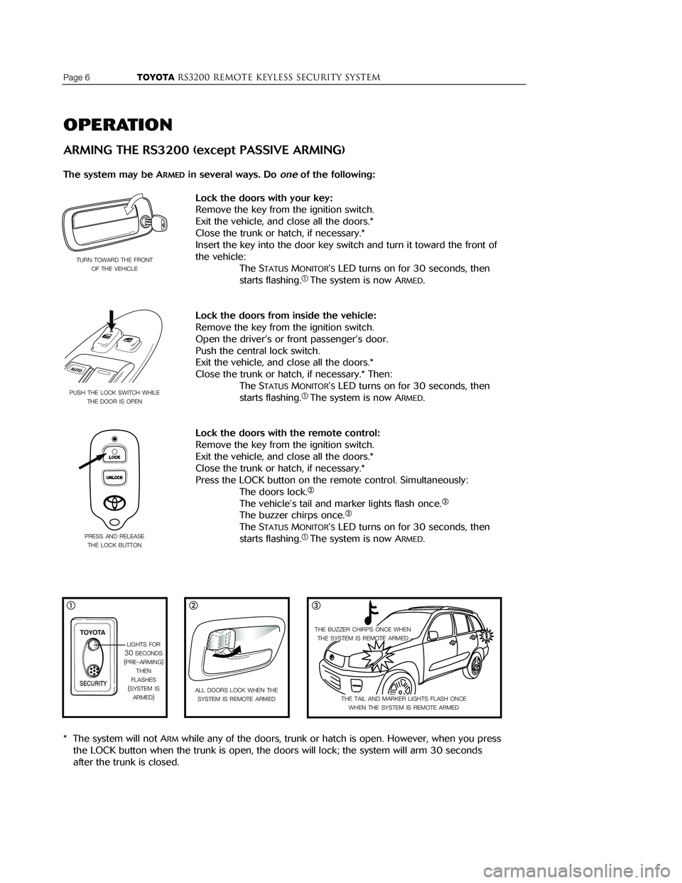 TOYOTA MR2 SPYDER 2001  Accessories, Audio & Navigation (in English) 
Page 6                  TOYOTARS3200 REMOTE KEYLESS Security system
OPERATION
ARMING THE RS3200 (except PASSIVE ARMING)
The system may be ARMEDin several ways. Do oneof the following: 
Lock the doors