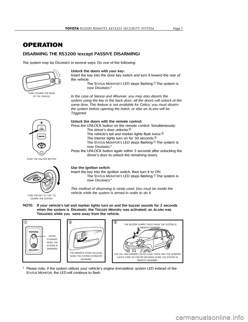 TOYOTA MR2 SPYDER 2001  Accessories, Audio & Navigation (in English) 
TOYOTARS3200 remote keyless Security systemPage 7
OPERATION
DISARMING THE RS3200 (except PASSIVE DISARMING)
The system may be DISARMEDin several ways. Do oneof the following: 
Unlock the doors with y