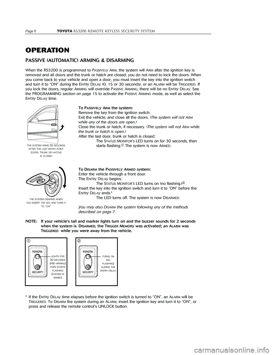 TOYOTA MR2 SPYDER 2001  Accessories, Audio & Navigation (in English) 
Page 8                    
TOYOTA
RS3200 REMOTE KEYLESS Security system

OPERATION

PASSIVE (AUTOMATIC) ARMING & DISARMING

When the RS3200 is programmed to PASSIVELYARM, the system will ARMafter the