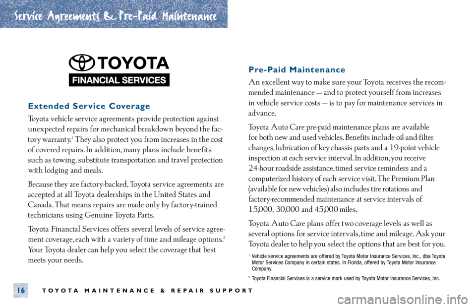 TOYOTA MR2 SPYDER 2001  Warranties & Maintenance Guides (in English) Extended Service Coverage
Toyota vehicle  service  agreements provide protection  against
unexpected repairs for mechanical breakdown beyond the fac-
tory warranty.
1They also protect you from increas