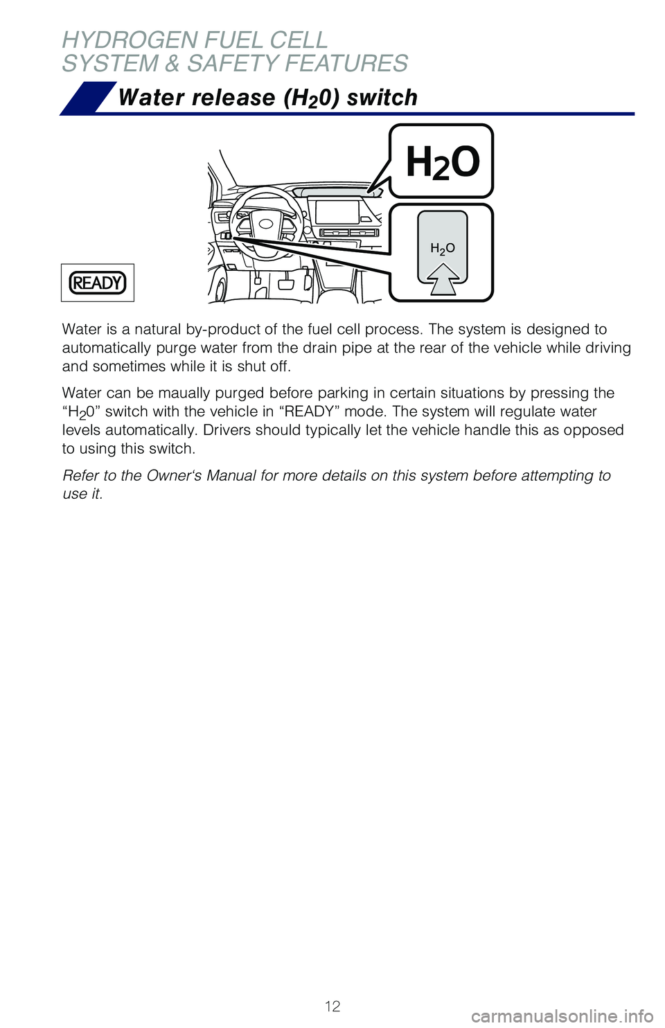 TOYOTA MIRAI 2018 Owners Manual (in English) 12
Water is a natural by-product of the fuel cell process. The system is de\
signed to
automatically purge water from the drain pipe at the rear of the vehicle\
while driving
and sometimes while it TOYOTA MIRAI 2018 Owners Manual (in English) 12
Water is a natural by-product of the fuel cell process. The system is de\
signed to
automatically purge water from the drain pipe at the rear of the vehicle\
while driving
and sometimes while it