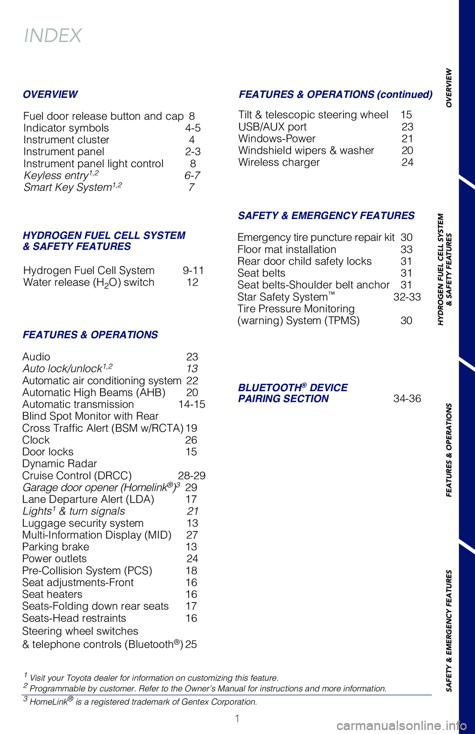 TOYOTA MIRAI 2018  Owners Manual (in English) 1
OVERVIEW
HYDROGEN FUEL CELL SYSTEM
& SAFETY FEATURES
FEATURES & OPERATIONS
SAFETY &
 EMERGENCY FEATURES
Audio  23
Auto lock/unlock1,2  13
Automatic air conditioning system   22
Automatic High Beams 