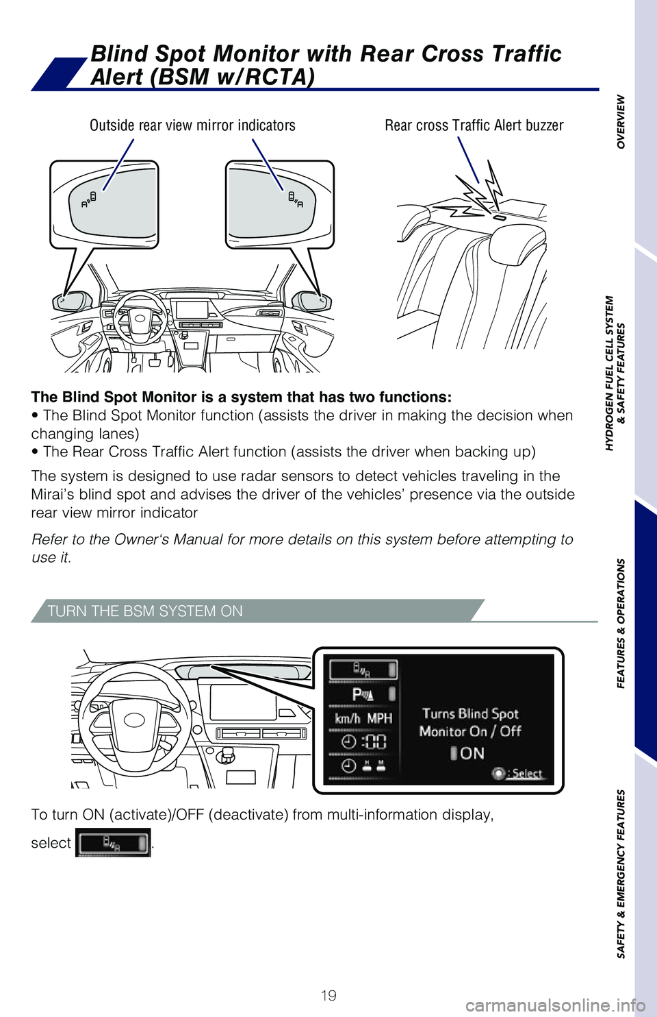 TOYOTA MIRAI 2018  Owners Manual (in English) 19
OVERVIEW
HYDROGEN FUEL CELL SYSTEM
& SAFETY FEATURES
FEATURES & OPERATIONS
SAFETY & EMERGENCY FEATURES
Blind Spot Monitor with Rear Cross Traffic 
Alert (BSM w/RCTA)
The Blind Spot Monitor is a sys