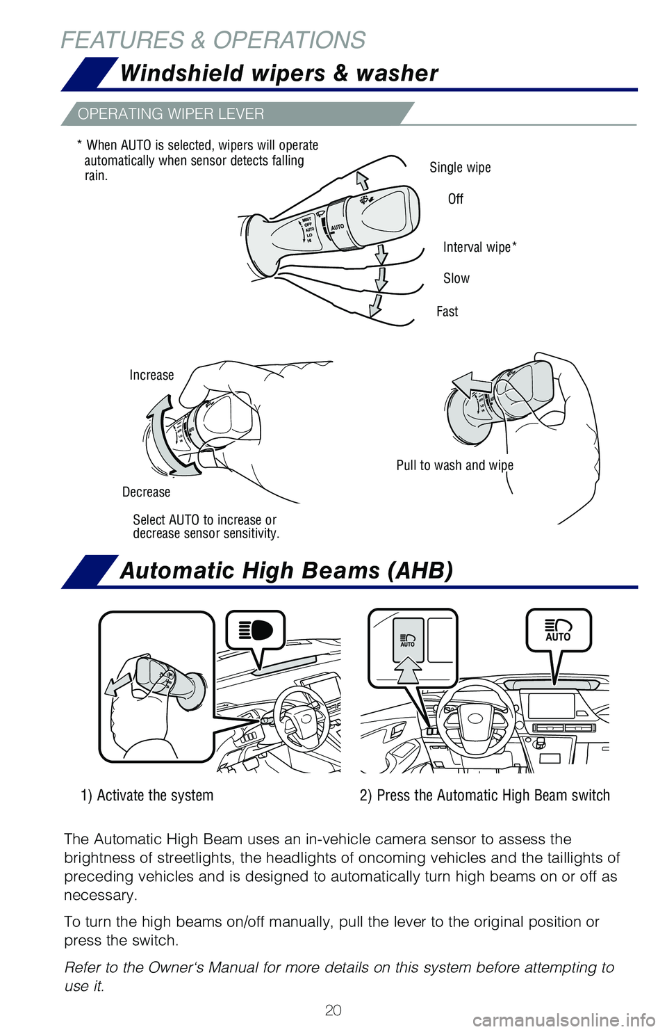 TOYOTA MIRAI 2018  Owners Manual (in English) 20
FEATURES & OPERATIONS
OPERATING WIPER LEVER
Pull to wash and wipe
Select AUTO to increase or
decrease sensor sensitivity. 
* When AUTO is selected, wipers will operate 
automatically when sensor de