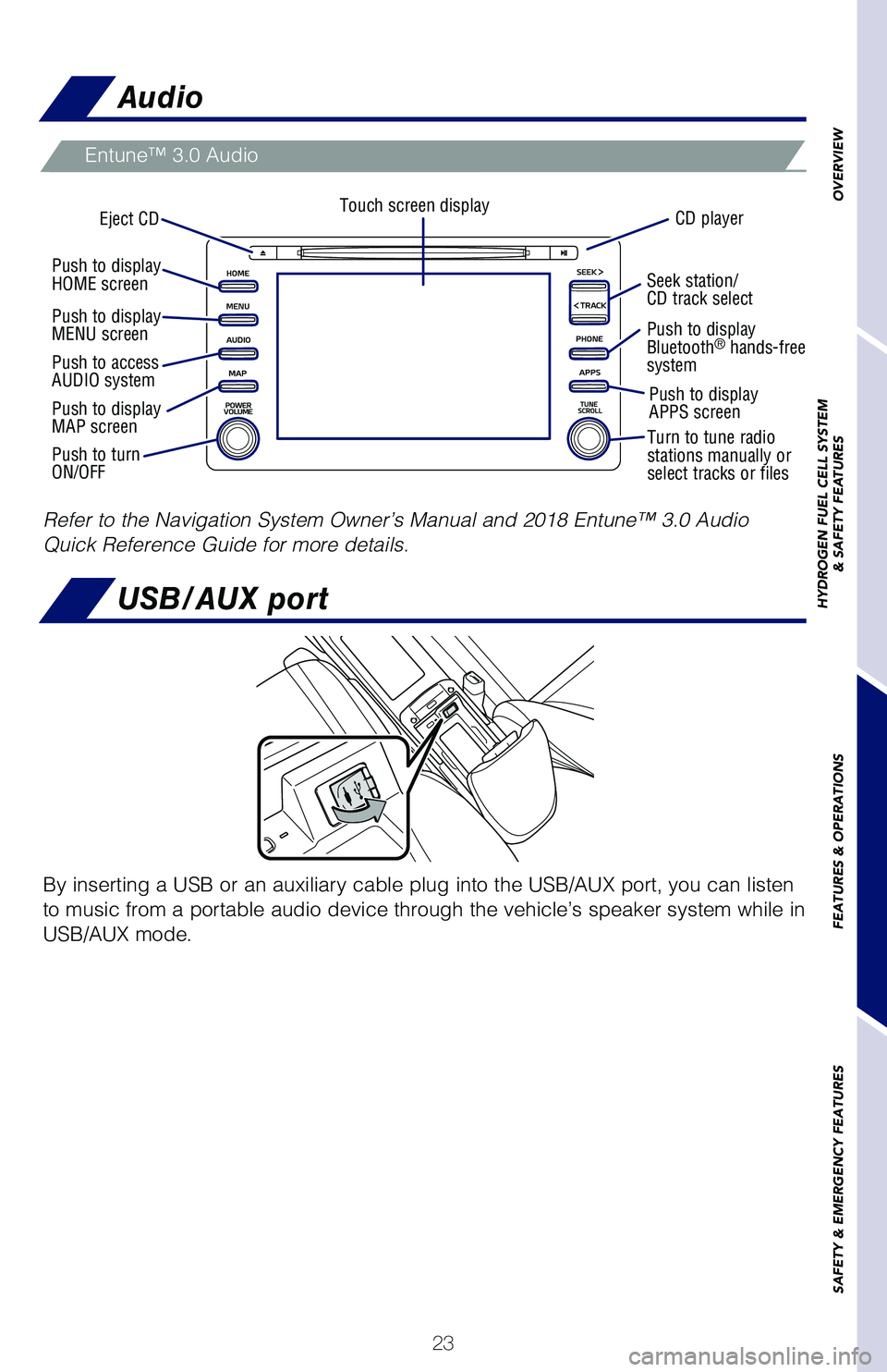 TOYOTA MIRAI 2018  Owners Manual (in English) 23
Audio
USB/AUX port
Entune™ 3.0 Audio
OVERVIEW
HYDROGEN FUEL CELL SYSTEM
& SAFETY FEATURES
FEATURES & OPERATIONS
SAFETY & EMERGENCY FEATURES
Eject CD CD playerTouch screen display
By inserting a U