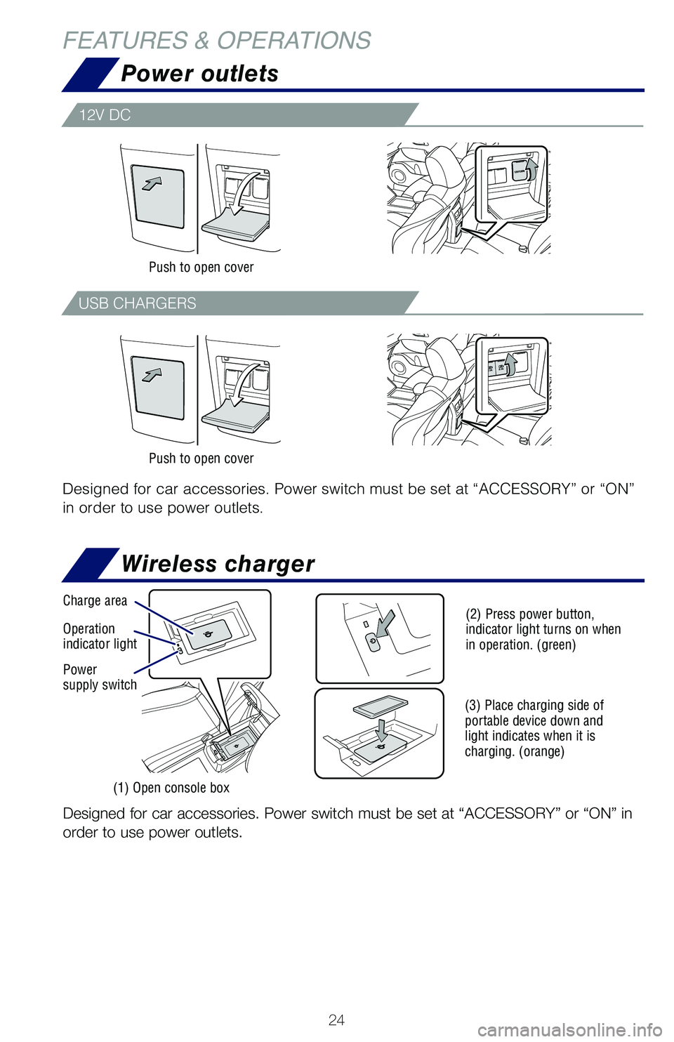 TOYOTA MIRAI 2018 (in English) Owners Manual 24
Wireless charger
Designed for car accessories. Power switch must be set at “ACCESSORY”\
or “ON” in
order to use power outlets.
(1) Open console box
Operation
indicator light
Power
supp TOYOTA MIRAI 2018 (in English) Owners Manual 24
Wireless charger
Designed for car accessories. Power switch must be set at “ACCESSORY”\
or “ON” in
order to use power outlets.
(1) Open console box
Operation
indicator light
Power
supp