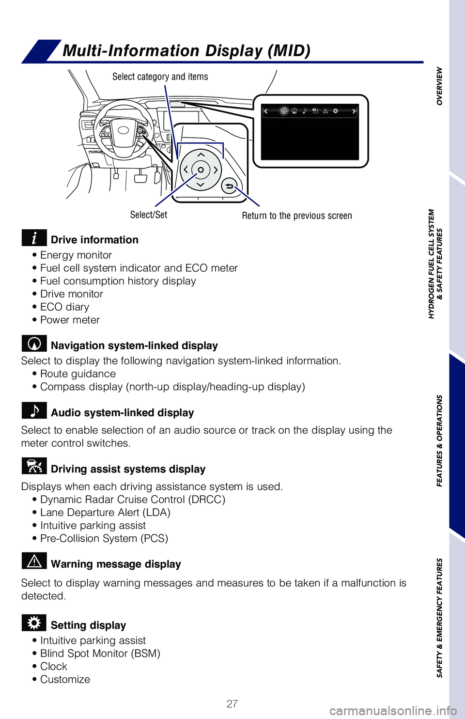 TOYOTA MIRAI 2018  Owners Manual (in English) 27
Multi-Information Display (MID)
Select category and items
Select/SetReturn to the previous screen
 Drive information
• Energy monitor
• Fuel cell system indicator and ECO meter
• Fuel consump