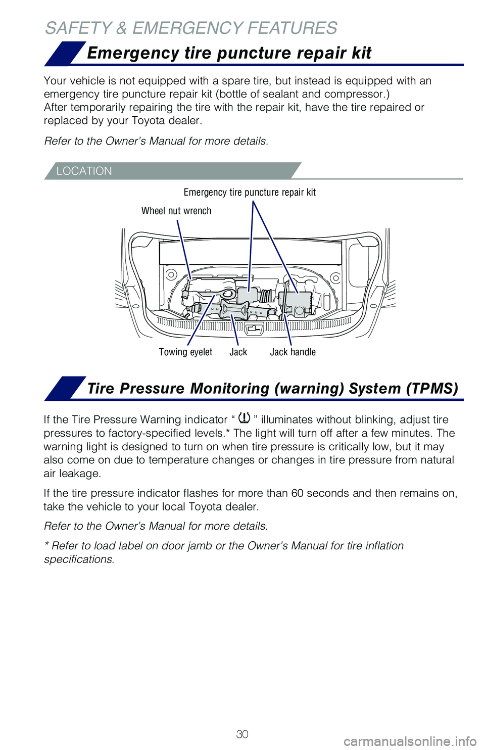 TOYOTA MIRAI 2018 Owners Manual (in English) 30
Emergency tire puncture repair kit
Tire Pressure Monitoring (warning) System (TPMS)
SAFETY & EMERGENCY FEATURES
Your vehicle is not equipped with a spare tire, but instead is equipped \
with an
em TOYOTA MIRAI 2018 Owners Manual (in English) 30
Emergency tire puncture repair kit
Tire Pressure Monitoring (warning) System (TPMS)
SAFETY & EMERGENCY FEATURES
Your vehicle is not equipped with a spare tire, but instead is equipped \
with an
em