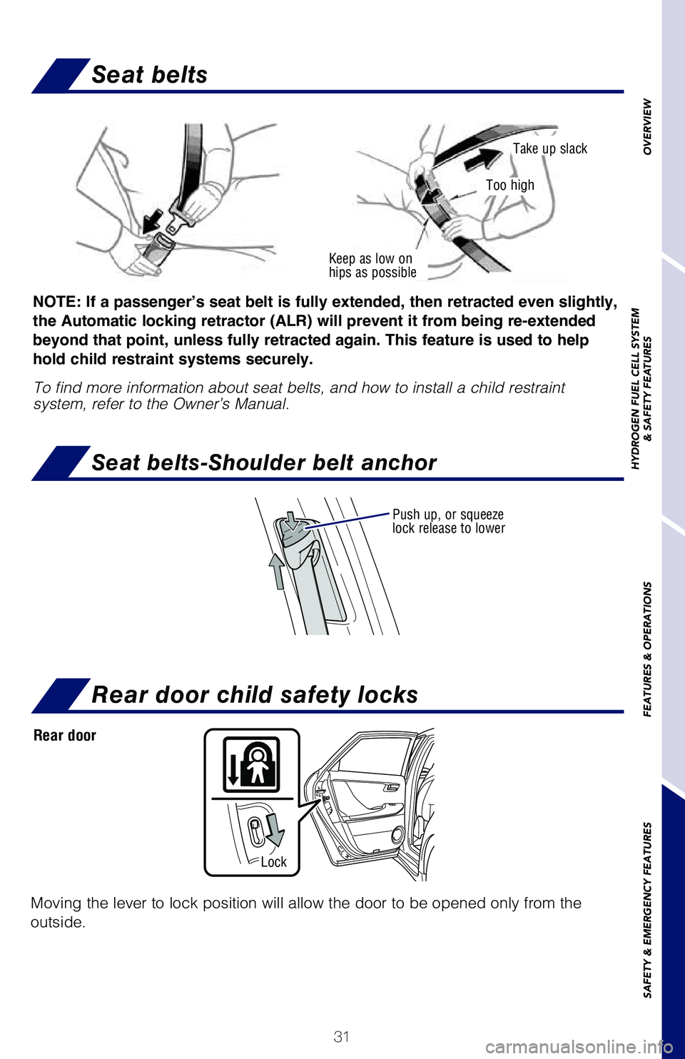 TOYOTA MIRAI 2018   (in English) Owners Guide 31
OVERVIEW
HYDROGEN FUEL CELL SYSTEM
& SAFETY FEATURES
FEATURES & OPERATIONS
SAFETY & EMERGENCY FEATURES
Seat belts
Seat belts-Shoulder belt anchor
Keep as low on 
hips as possible
Take up slack
Too 
