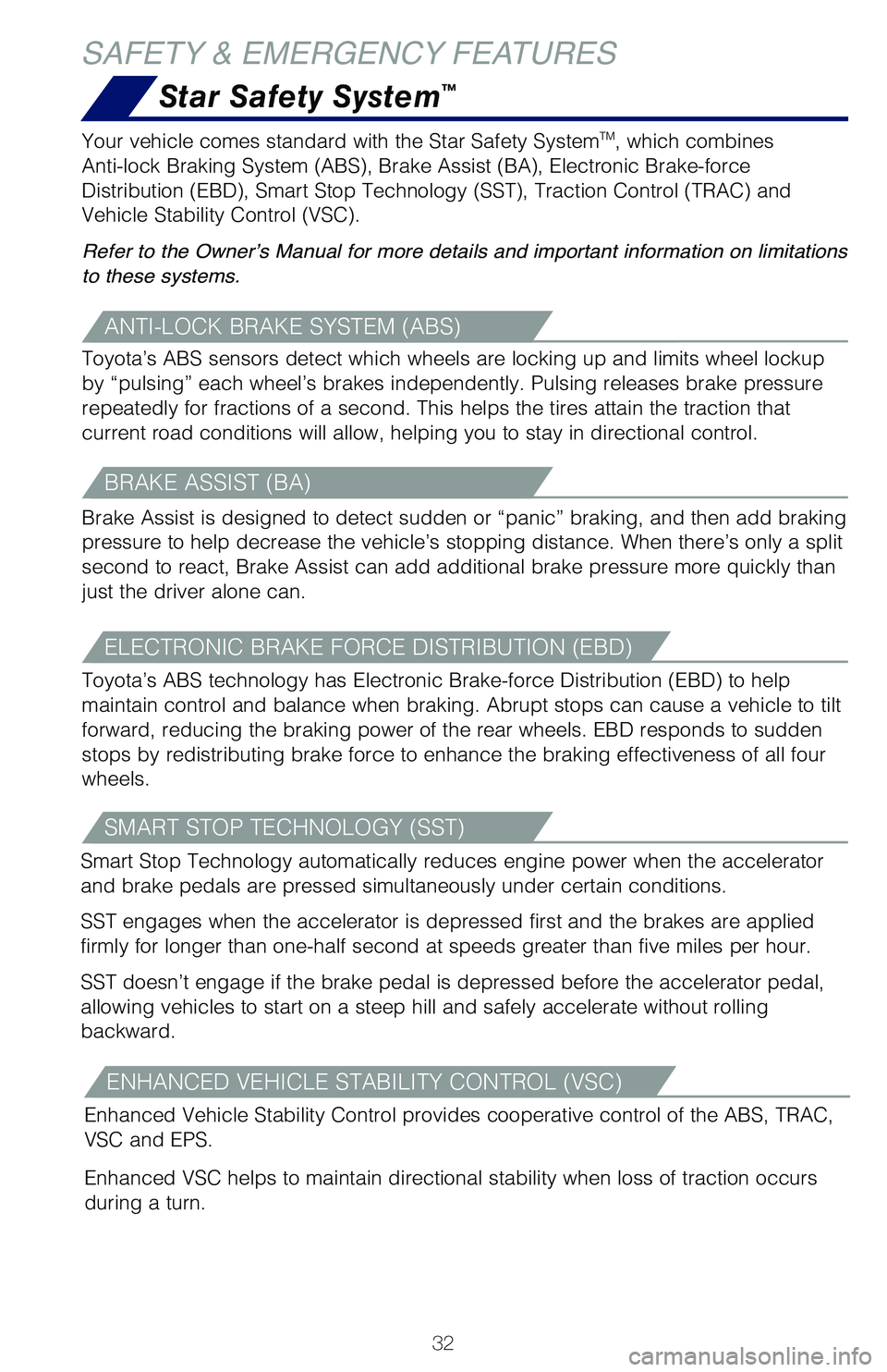 TOYOTA MIRAI 2018 Owners Manual (in English) 32
Star Safety System™
SAFETY & EMERGENCY FEATURES
Your vehicle comes standard with the Star Safety SystemTM, which combines
Anti-lock Braking System (ABS), Brake Assist (BA), Electronic Brake-forc TOYOTA MIRAI 2018 Owners Manual (in English) 32
Star Safety System™
SAFETY & EMERGENCY FEATURES
Your vehicle comes standard with the Star Safety SystemTM, which combines
Anti-lock Braking System (ABS), Brake Assist (BA), Electronic Brake-forc