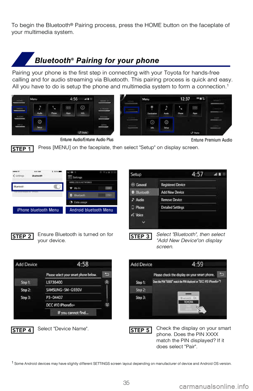 TOYOTA MIRAI 2018 Owners Manual (in English) 35
To begin the Bluetooth® Pairing process, press the HOME button on the faceplate of
your multimedia system.
Bluetooth® Pairing for your phone
Pairing your phone is the first step in connecting wi TOYOTA MIRAI 2018 Owners Manual (in English) 35
To begin the Bluetooth® Pairing process, press the HOME button on the faceplate of
your multimedia system.
Bluetooth® Pairing for your phone
Pairing your phone is the first step in connecting wi