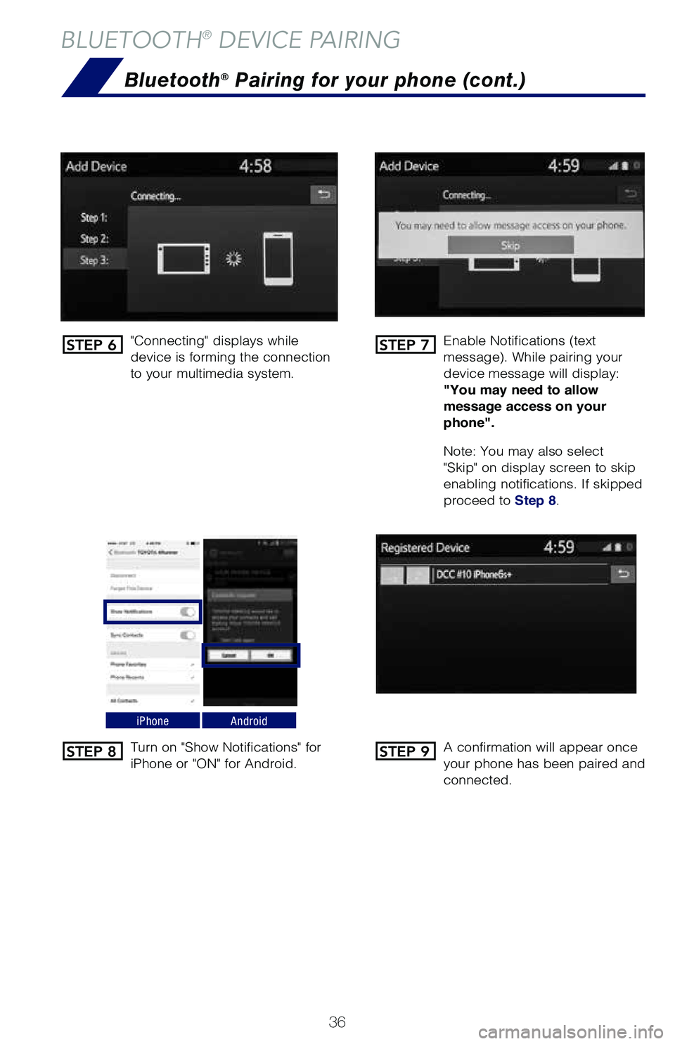 TOYOTA MIRAI 2018 Owners Manual (in English) 36
BLUETOOTH® DEVICE PAIRING
"Connecting" displays while
device is forming the connection
to your multimedia system.Enable Notifications (text
message). While pairing your
device message will dis TOYOTA MIRAI 2018 Owners Manual (in English) 36
BLUETOOTH® DEVICE PAIRING
"Connecting" displays while
device is forming the connection
to your multimedia system.Enable Notifications (text
message). While pairing your
device message will dis