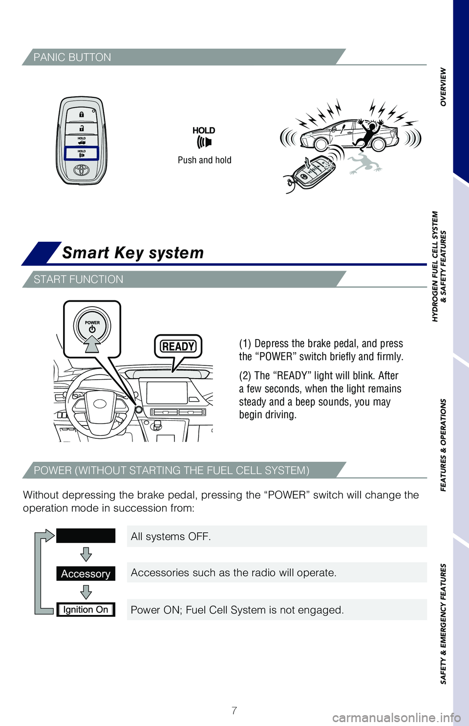 TOYOTA MIRAI 2018 Owners Manual (in English) 7
OVERVIEW
HYDROGEN FUEL CELL SYSTEM
& SAFETY FEATURES
FEATURES & OPERATIONS
SAFETY & EMERGENCY FEATURES
Smart Key system
Push and hold
Without depressing the brake pedal, pressing the “POWER” swi TOYOTA MIRAI 2018 Owners Manual (in English) 7
OVERVIEW
HYDROGEN FUEL CELL SYSTEM
& SAFETY FEATURES
FEATURES & OPERATIONS
SAFETY & EMERGENCY FEATURES
Smart Key system
Push and hold
Without depressing the brake pedal, pressing the “POWER” swi