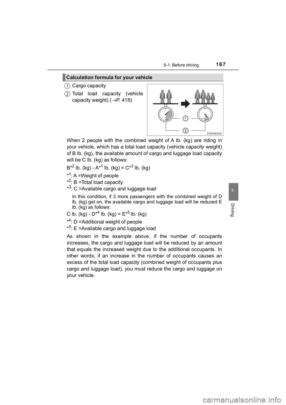 TOYOTA MIRAI 2018 Owners Manual (in English) 1675-1. Before driving
5
Driving
MIRAI_OM_USA_OM62025U
Cargo capacity
Total load capacity (vehicle
capacity weight) (P. 416)
When 2 people with the combined weight of A lb. (kg) are TOYOTA MIRAI 2018 Owners Manual (in English) 1675-1. Before driving
5
Driving
MIRAI_OM_USA_OM62025U
Cargo capacity
Total load capacity (vehicle
capacity weight) (P. 416)
When 2 people with the combined weight of A lb. (kg) are