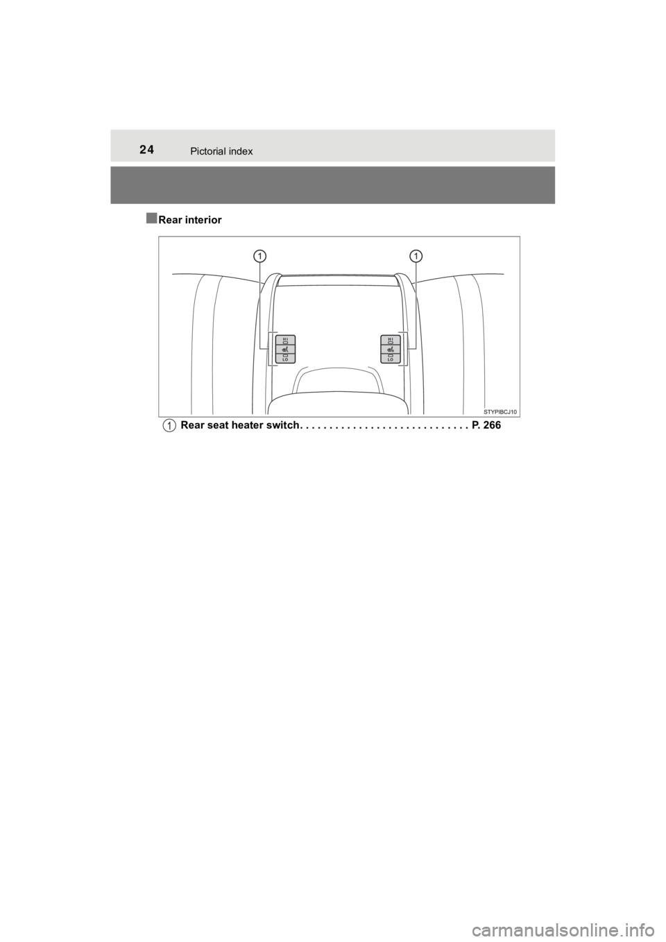TOYOTA MIRAI 2018 (in English) Owners Manual 24Pictorial index
MIRAI_OM_USA_OM62025U
■Rear interiorRear seat heater switch. . . . . . . . . . . . . . . . . . . . . . . . . . . . . P. 266 TOYOTA MIRAI 2018 (in English) Owners Manual 24Pictorial index
MIRAI_OM_USA_OM62025U
■Rear interiorRear seat heater switch. . . . . . . . . . . . . . . . . . . . . . . . . . . . . P. 266