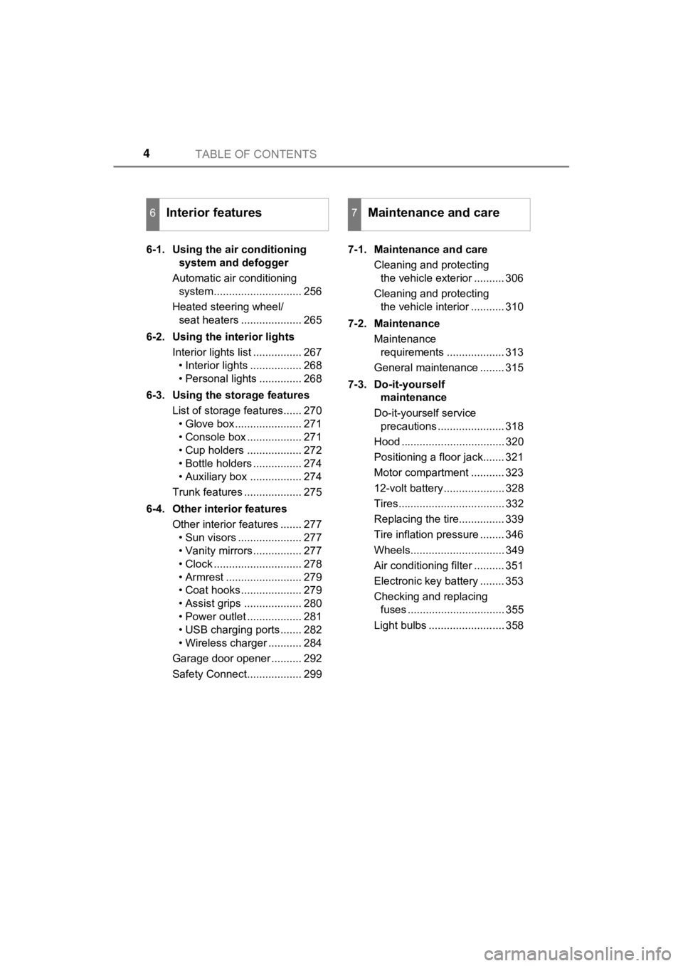 TOYOTA MIRAI 2018 Owners Manual (in English) TABLE OF CONTENTS4
MIRAI_OM_USA_OM62025U6-1. Using the air conditioning
system and defogger
Automatic air conditioning system............................. 256
Heated steering wheel/ seat heaters ... TOYOTA MIRAI 2018 Owners Manual (in English) TABLE OF CONTENTS4
MIRAI_OM_USA_OM62025U6-1. Using the air conditioning
system and defogger
Automatic air conditioning system............................. 256
Heated steering wheel/ seat heaters ...