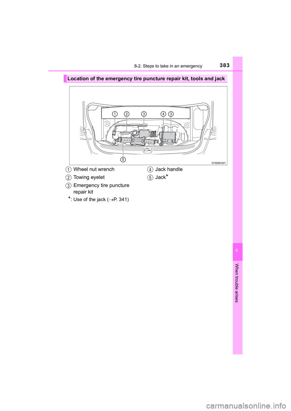 TOYOTA MIRAI 2018  Owners Manual (in English) 3838-2. Steps to take in an emergency
MIRAI_OM_USA_OM62025U
8
When trouble arises
Location of the emergency tire puncture repair kit, tools and jack
Wheel nut wrench
To w i n g   e y e l e t
Emergency