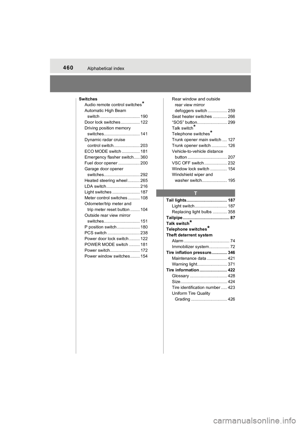 TOYOTA MIRAI 2018  Owners Manual (in English) 460Alphabetical index
MIRAI_OM_USA_OM62025U
SwitchesAudio remote control switches
*
Automatic High Beam 
switch ................................. 190
Door lock switches ................ 122
Driving po
